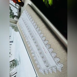 Never Used Handmade Vintage White Lace Table Runners with Floral Embroidery